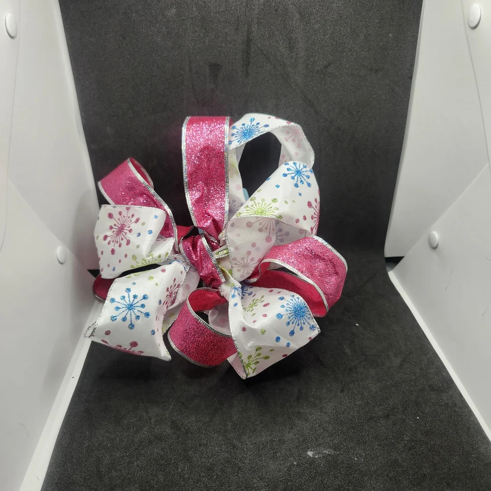 Pink and White Glitter Bow Hair Barrette Clip